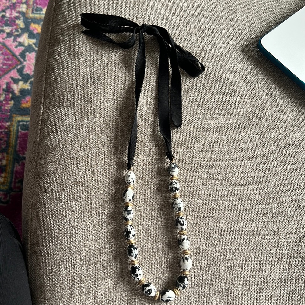 Loft Outlet Black and White Beaded Ribbon Tie Necklace